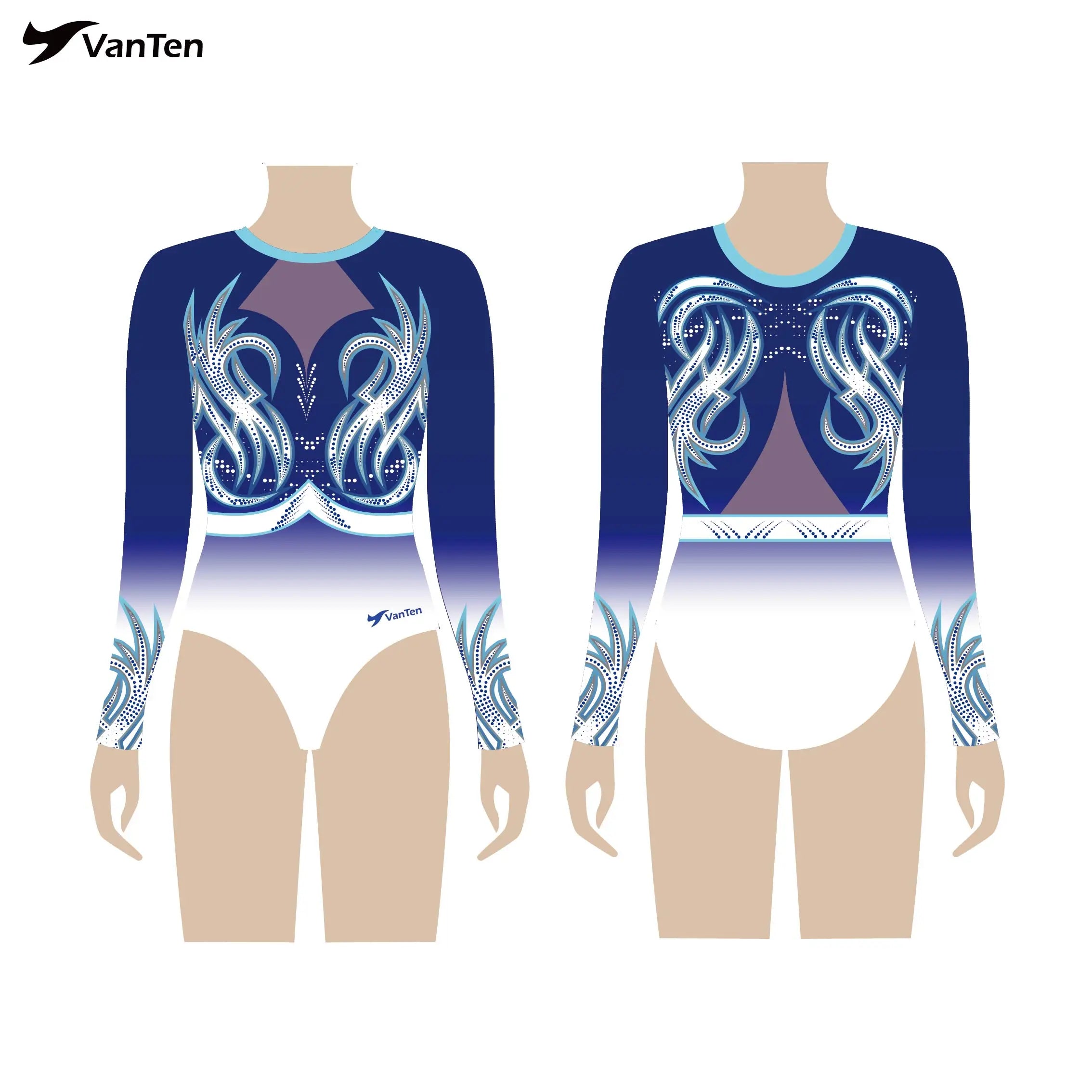 OEM Ombre Dye Sublimation Custom Made Girls Hiigh Cut School Spandex Long Sleeve Navy Royal Blue Gymnastics Leotard