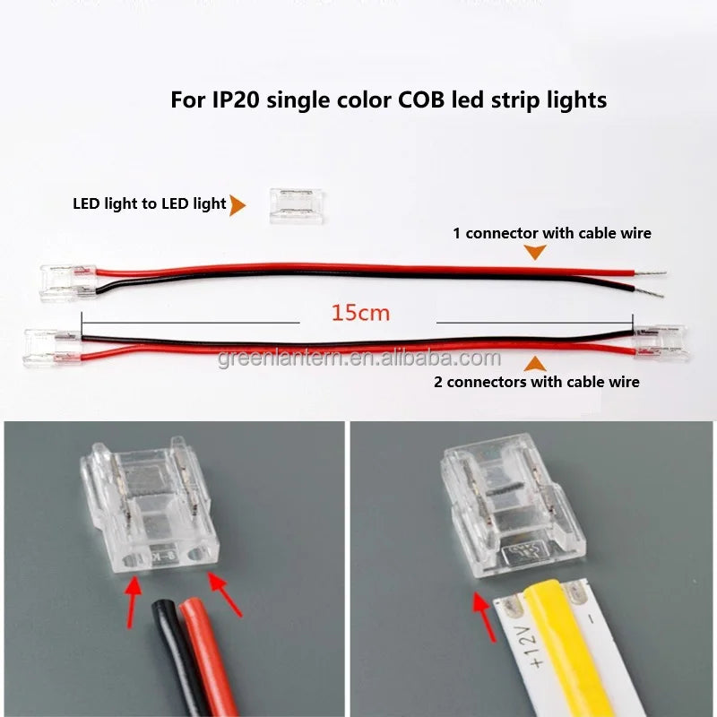 8mm 10mm 2Pin COB Connector for COB Led Strip Single Color Led Light to Cable Light Transparent Seamless Quick Clamp Connectors