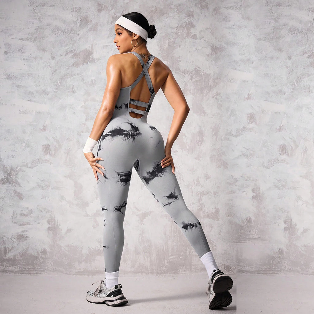 FLW Tie Dye Sports Bodysuit for Women Tummy Control Workout Jumpsuit for Gym Yoga Romper
