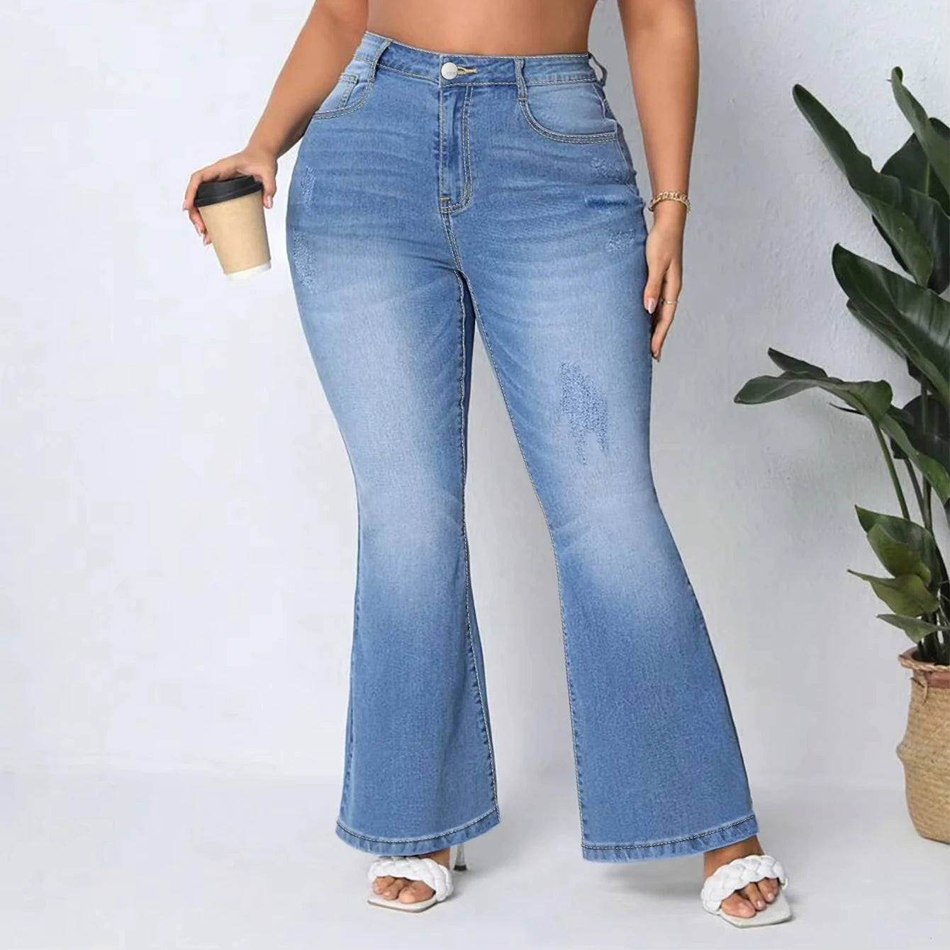 Plus Size Good Quality Light Blue Washed Out Wide Leg Feet Long Flare Denim Jeans Pants Vintage Baggy Loose Leg Women Denim Jean