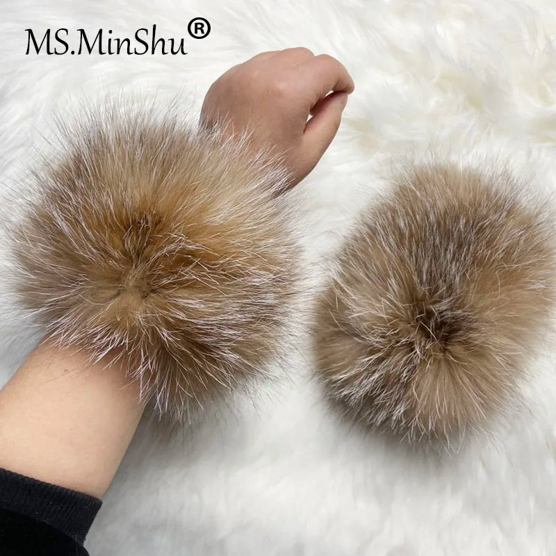 MWFur Luxury Women Fox Hair Wristband Winter Fashion Fur Cuff Knitting Cuffs Women Elastic Fox Hair Cuff for Wrist