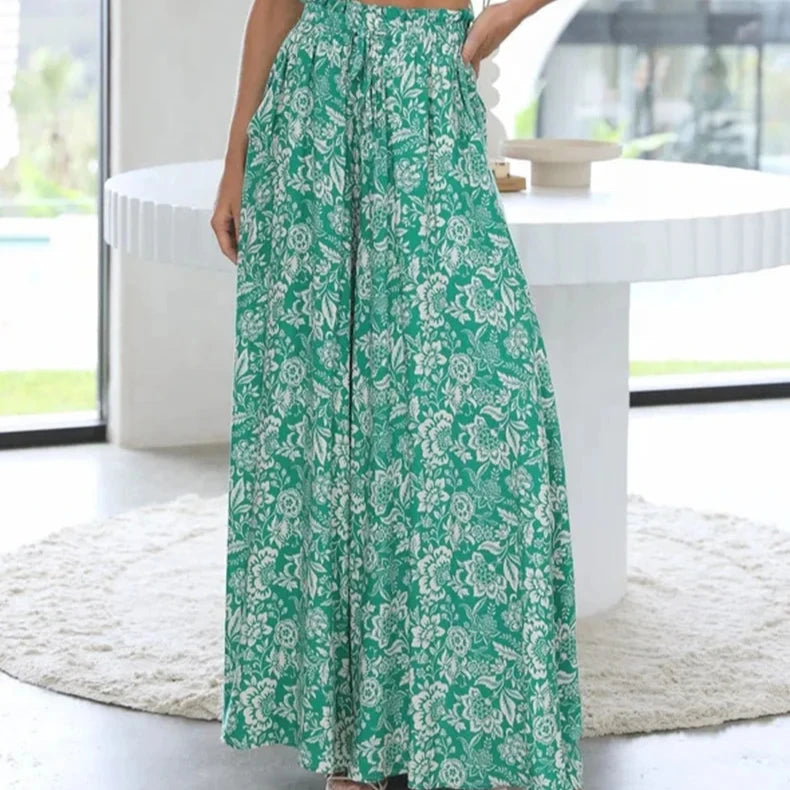 Women's Summer Anti-Wrinkle Floral Wide Leg Trouser with Elastic Waistband