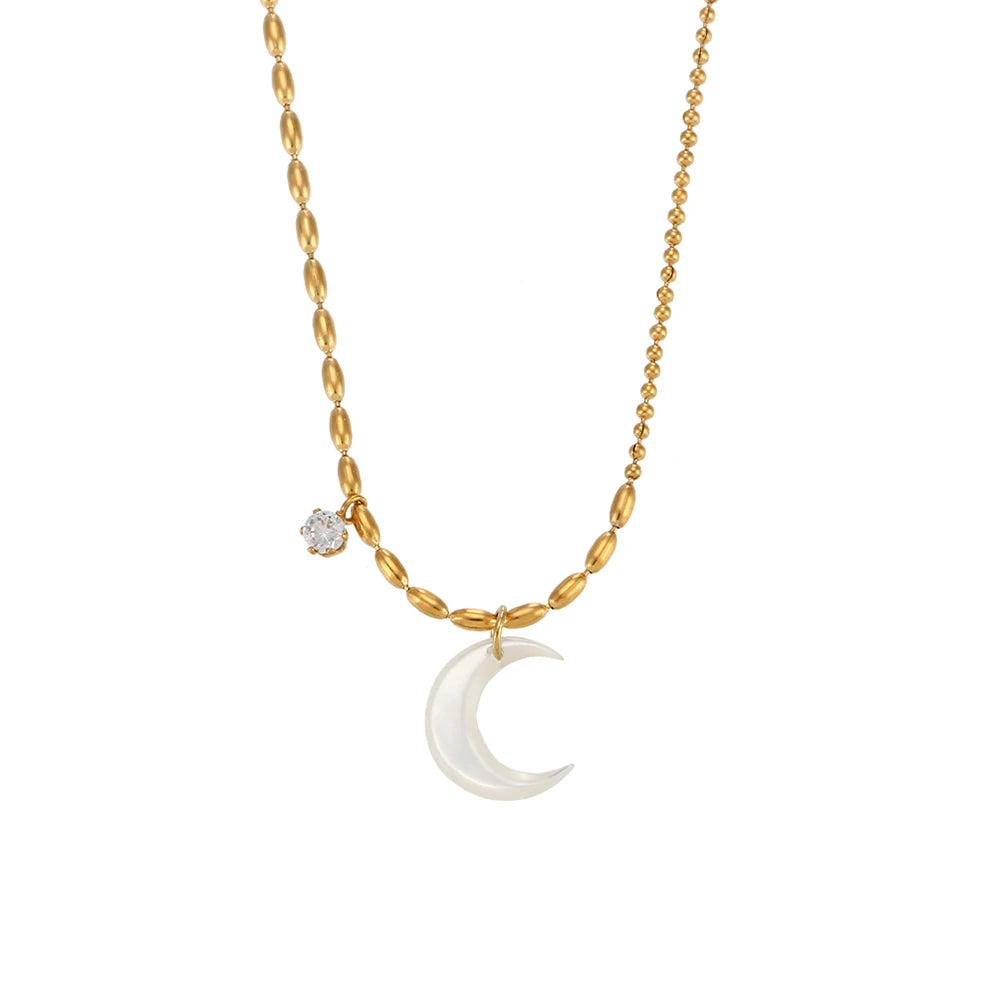 Stainless Steel Beaded Chain Charm Necklace with Irregular Moon Shell Pendant Trendy INS Popular Jewellery for Parties or Gifts