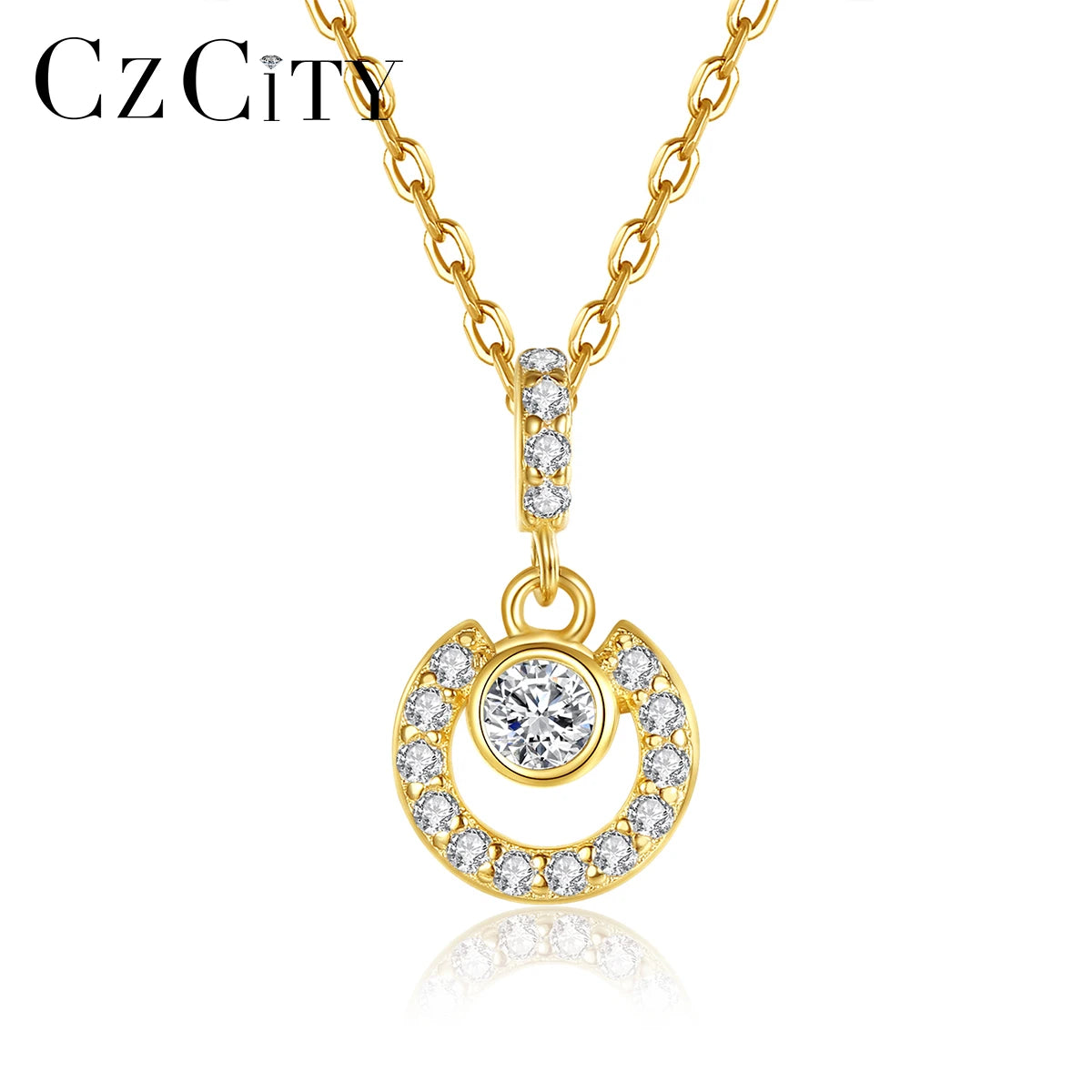 CZCITY Trending Chain Round Pendant Square Designer 14k Gold Plated for Woman Cubic Zirconia Necklace 925 Sterling Silver