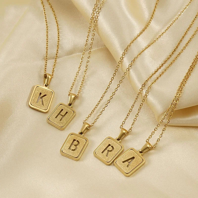 Luxury Non Tarnish 18K Real Gold Plated 316L Stainless Steel Square 26 Initial Letter Pendant Necklace Jewelry for Women