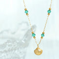 New Delicate 18k Gold Plated Stainless Steel Crystal Green Bead Scallop Shell Pendant Necklace
