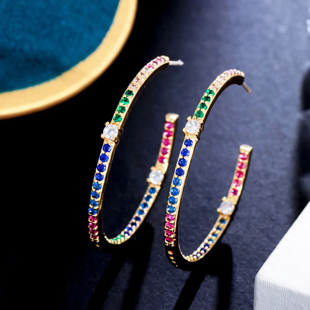 Fashion Ladies Loop Half Round Circle Micro Pave Cubic Zirconia Crystal Thin Big Hoop Earrings 18k Gold Plated Jewelry Gifts