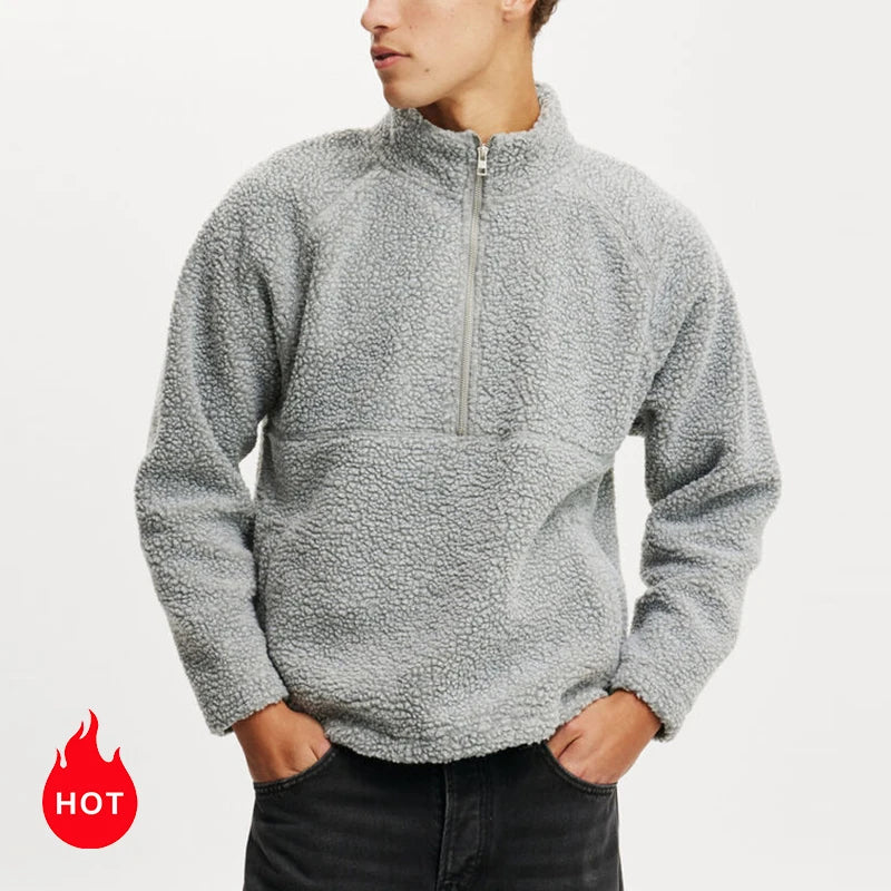 Hot Selling Drop Shoulder Stand Neck Sweatshirt Men Boxy Fit Teddy 1/2 Zip Fleece Sweatshirts