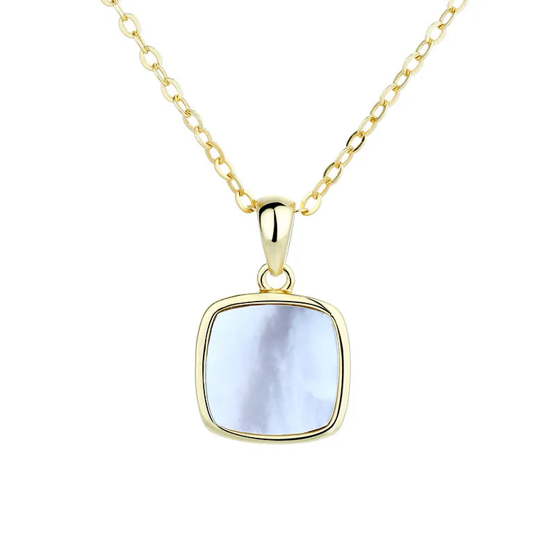 Best Gift for Women 925 Sterling Silver Natural Mother Pearl Square Pendant Shell Necklace Vintage Link for Party Anniversary