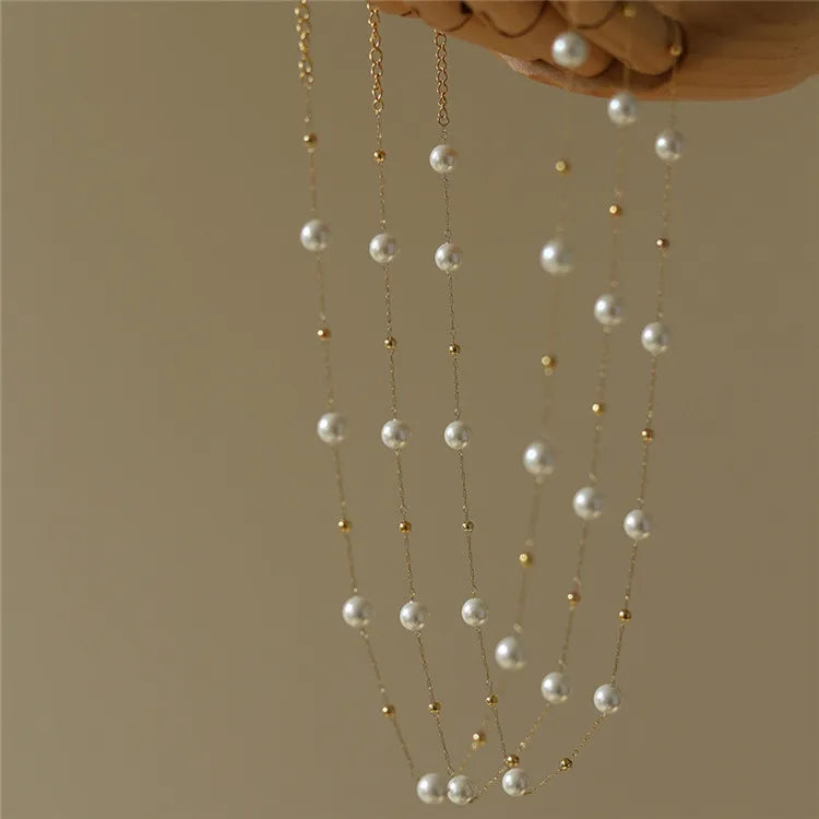 SP  Good Quality Glass Pearl Handmade Chain Necklace Choker Stainless Steel