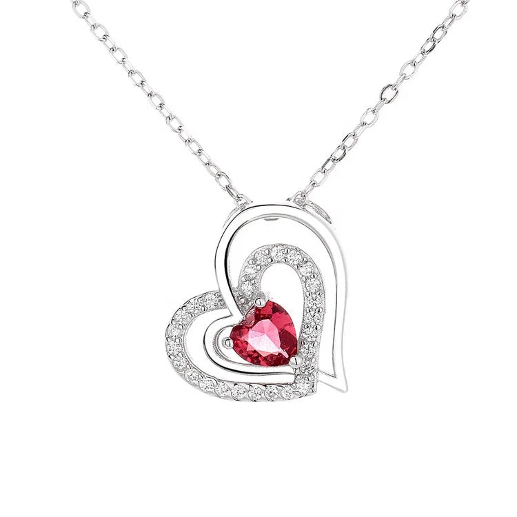 Sterling Silver 925 Ruby Heart Pendant Necklace Fine Jewelry for Valentine 's Day Gift