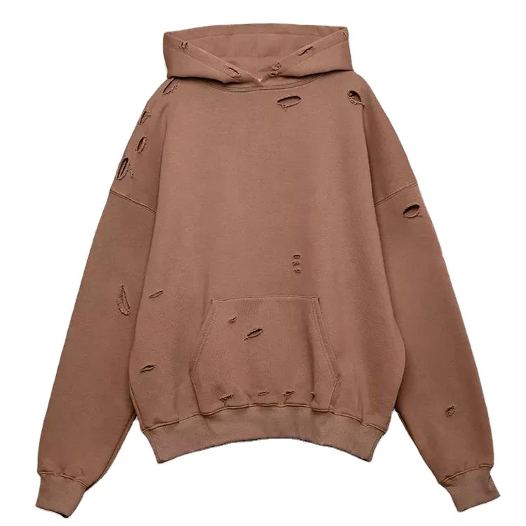 OEM Custom Plain Embroidery France Terry Pullover Men Ripped Hoodies Streetwear Oversized Blank Distressed Men Hoodies