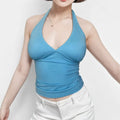 Customized Knitted Fabric Women's Slim-Fit Halter Tank Top Sexy Solid Color V-Neck Sling Crop Top