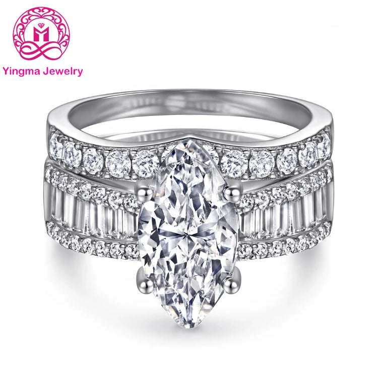 Fashion Luxury Ring 3 Ct Marquise Diamond 7 X 14 mm Silver Zircon Ring Cubic Zirconia Ring Set