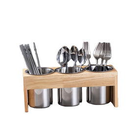 Stainless Steel Cutlery Holder 3 Pieces Set with Wooden Tray Chopstick Fork Spoon Organizer with Rack for Restaurants Kitchen