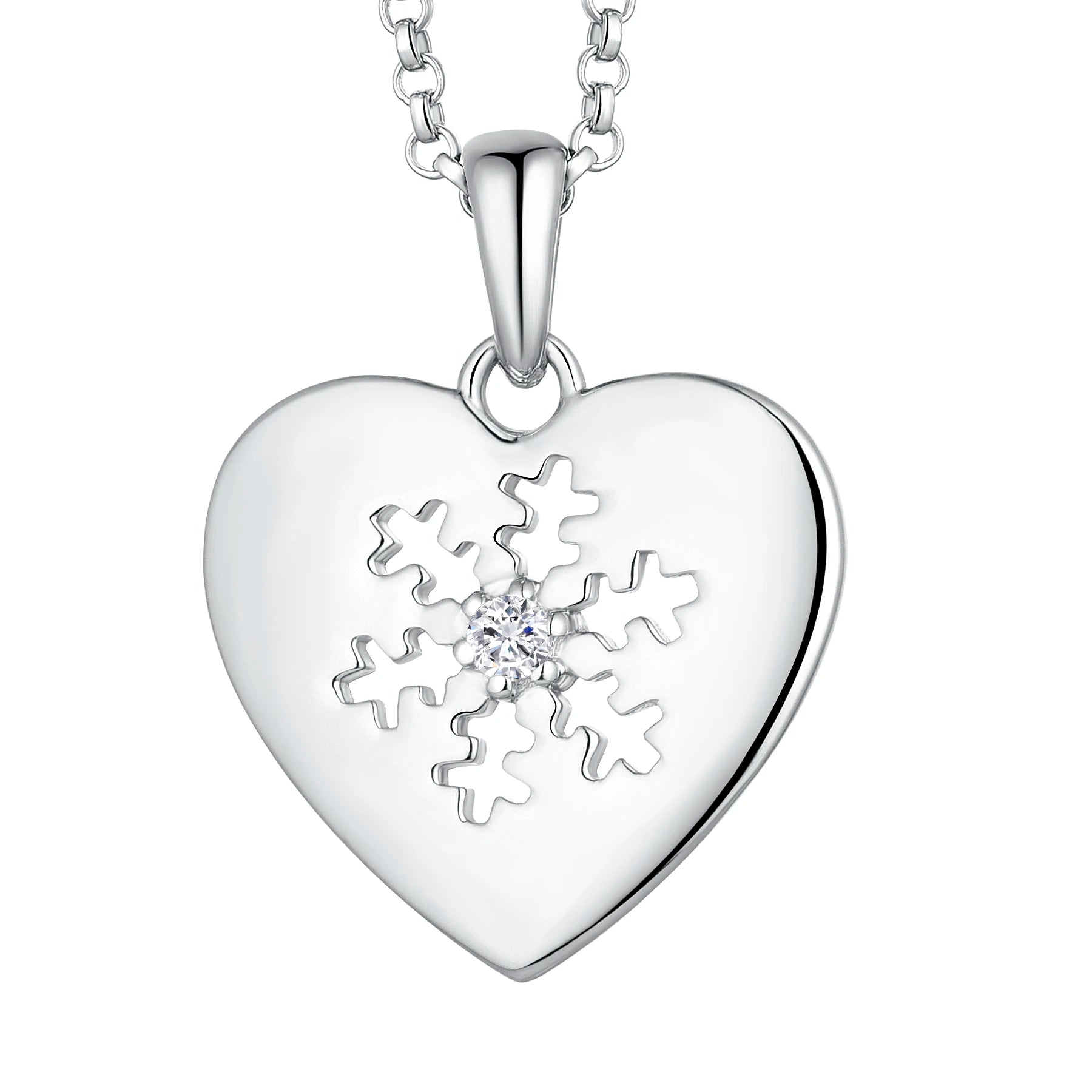 Simple and Elegant 925 Sterling Silver Rhodium Plated Snowflake Heart Pendant 3A White Cubic Zircon Charming Jewelry for Women