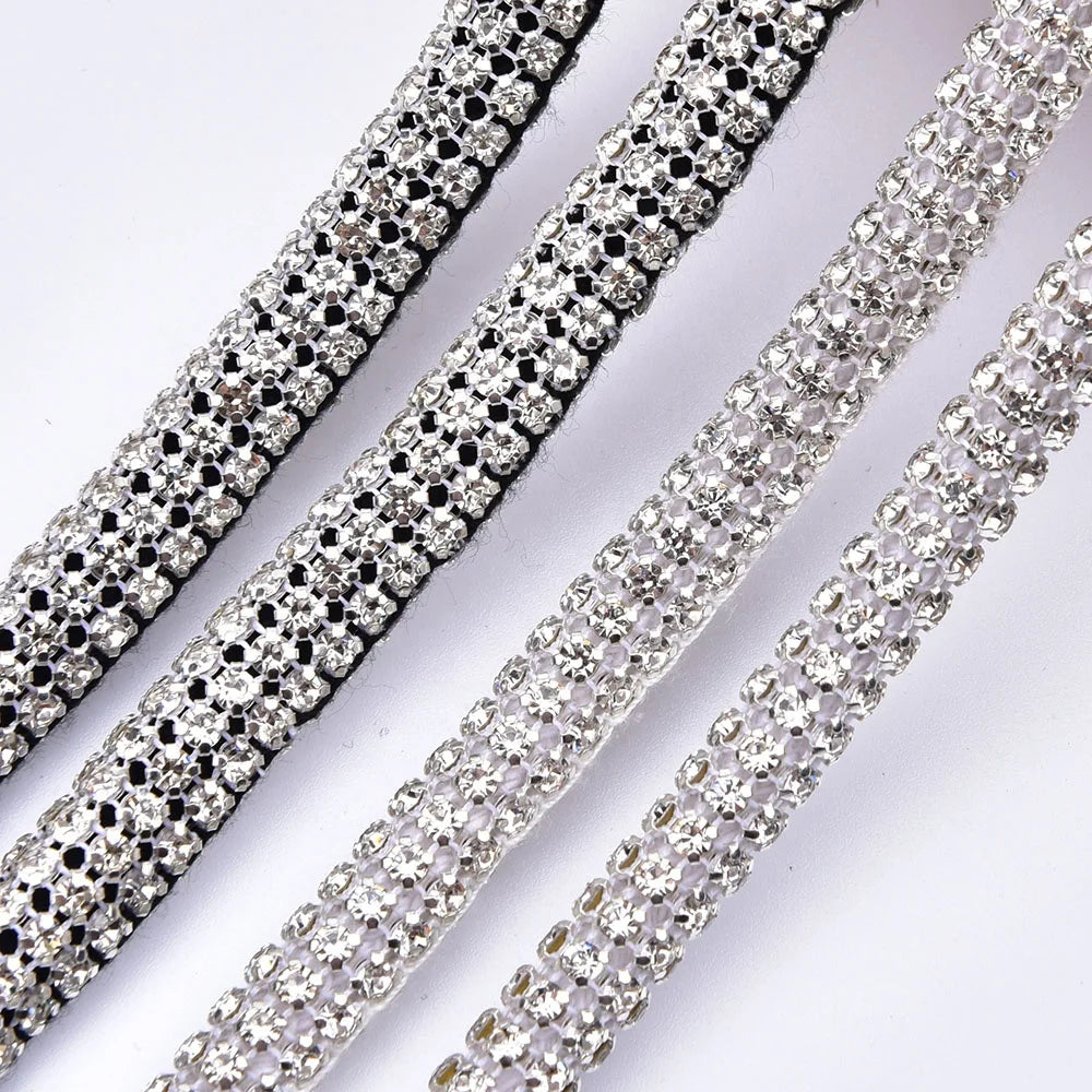 9mm Width 6 Rows Crystal String Rhinestone Cotton Rope Cord Trim DIY Garment Belt Shoes Bags Jewelry Accessories