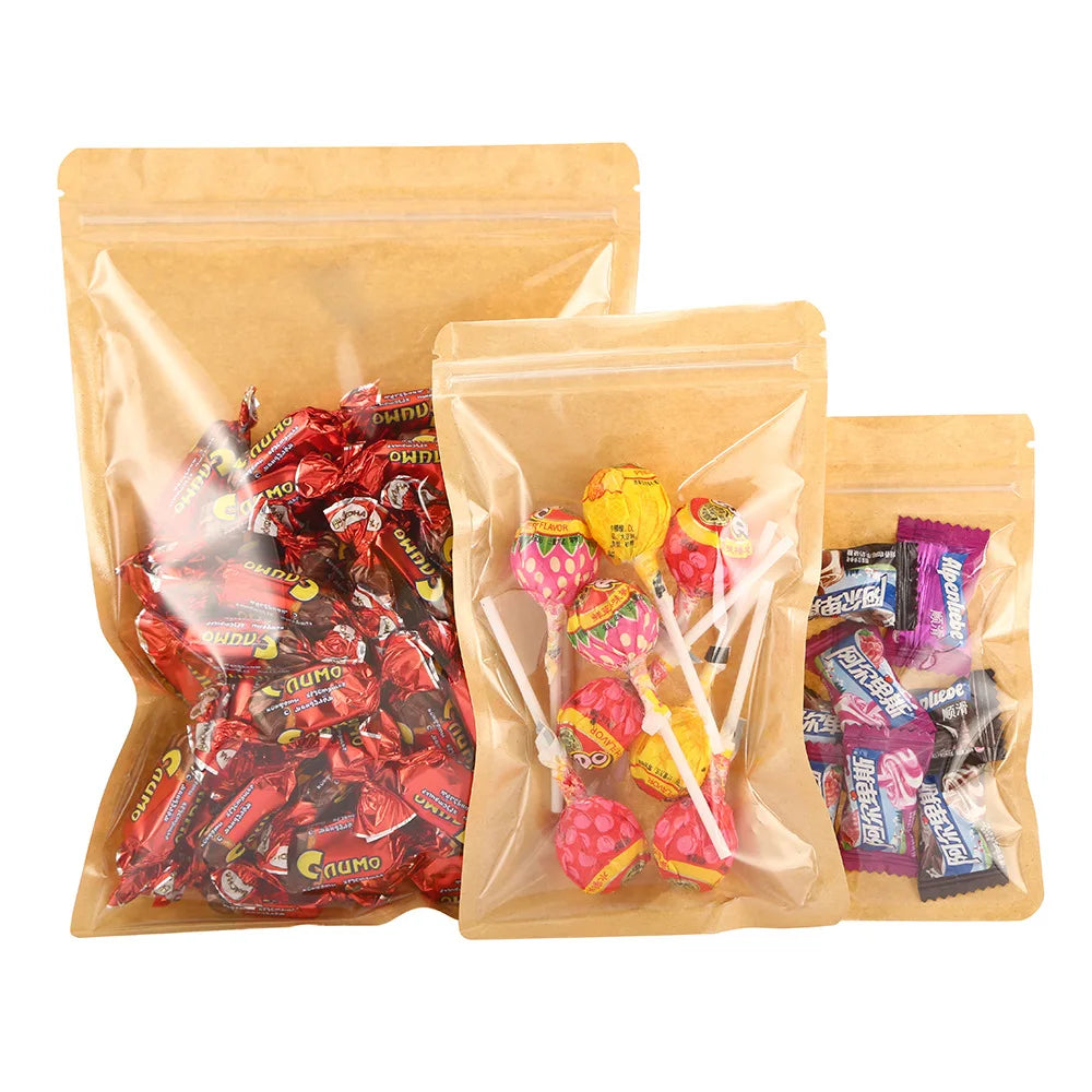 Custom Printing Food Grade Eco Friendly Flat Pouch Zipper Kraft Paper Bag With One Side Clear