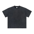 100% Cotton Hand Distressed Ribbed Crew Neck Relaxed Fit Distressed Black T-Shirt