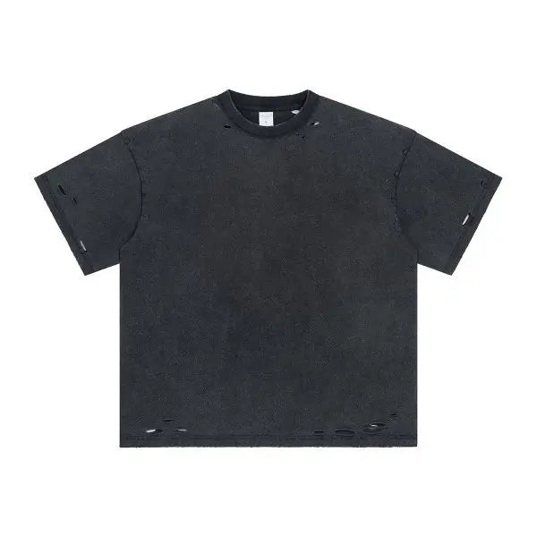 100% Cotton Hand Distressed Ribbed Crew Neck Relaxed Fit Distressed Black T-Shirt