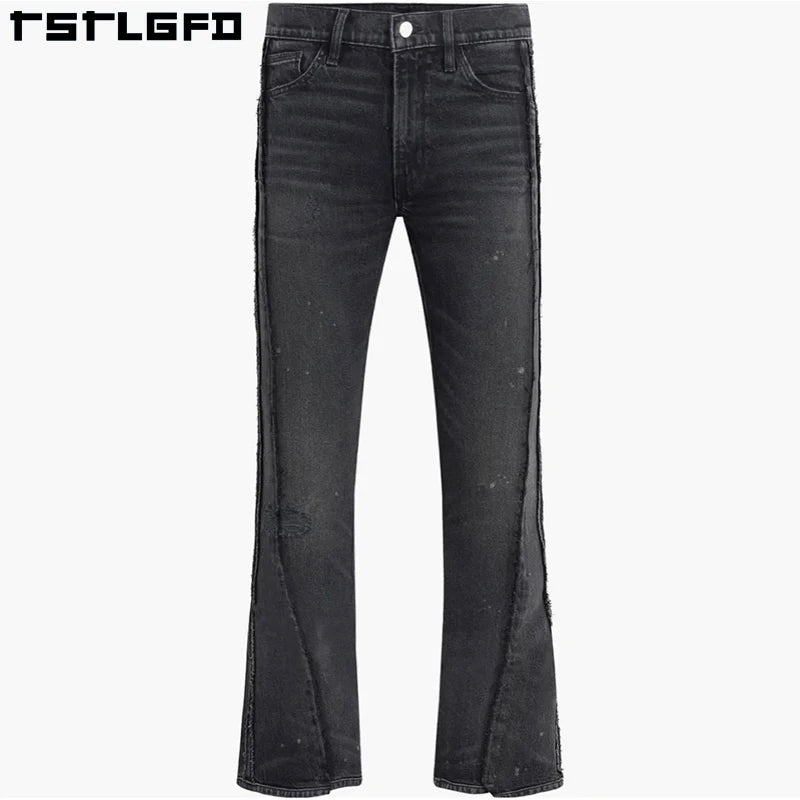 New Arrival American High Street Pants Vintage Heavy Duty Casual Pants Washed Curved Raw Edge Fringe Jeans for Men