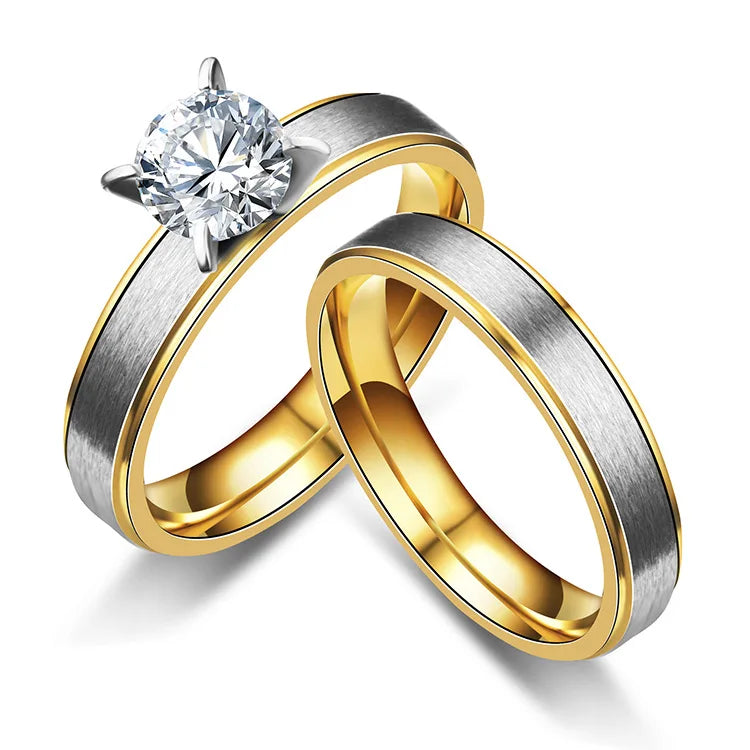 Jachon Fashion Matt Gold Color Wedding Rings Simple Diamond Couple Rings Stainless Steel Jewelry