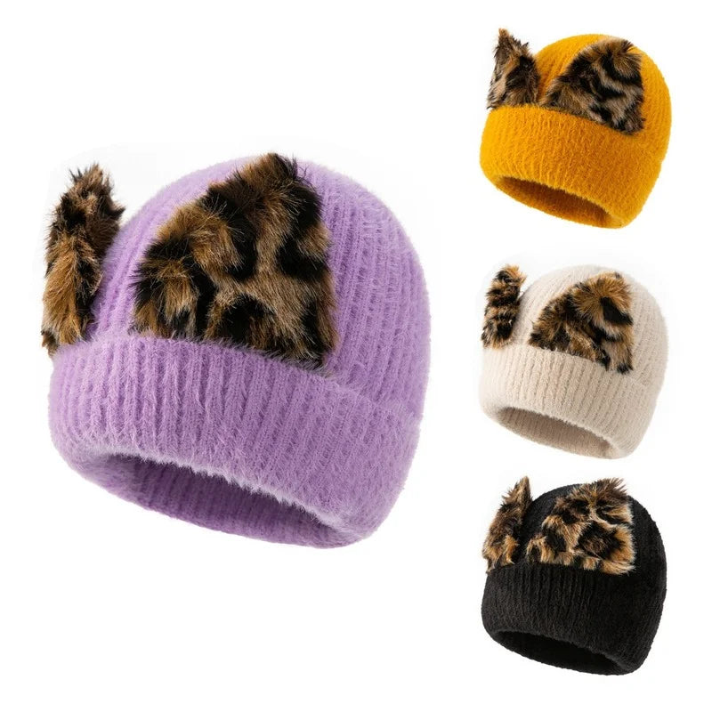 Lady Girl Knitted Cap Beanie Hat Winter Soft Furry Cute Leopard Ear Ski Warm Crochet Mohair Beanie for Women