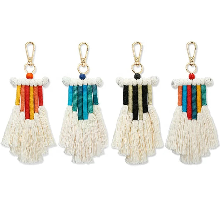 Wholesale Handmade Woven Craft Gift Rainbow Macrame Keychain Boho Tassel Bag Charms