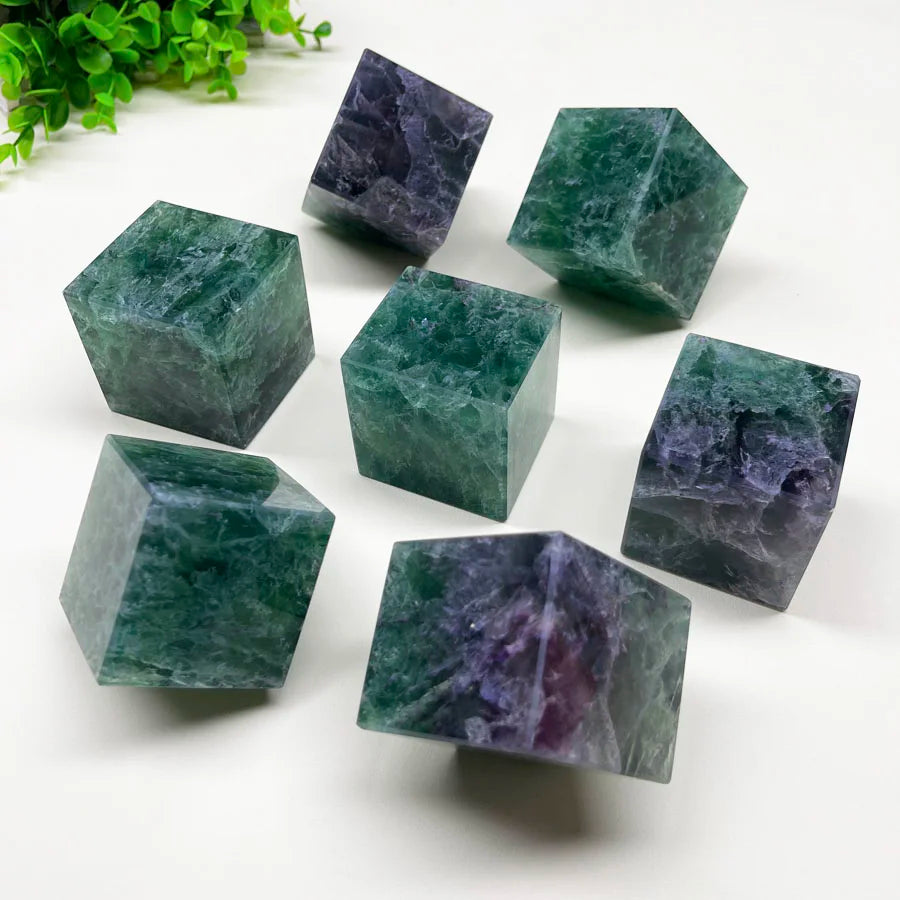 Natural Stone Square Fluorite Square Cube Stand on Its Corner