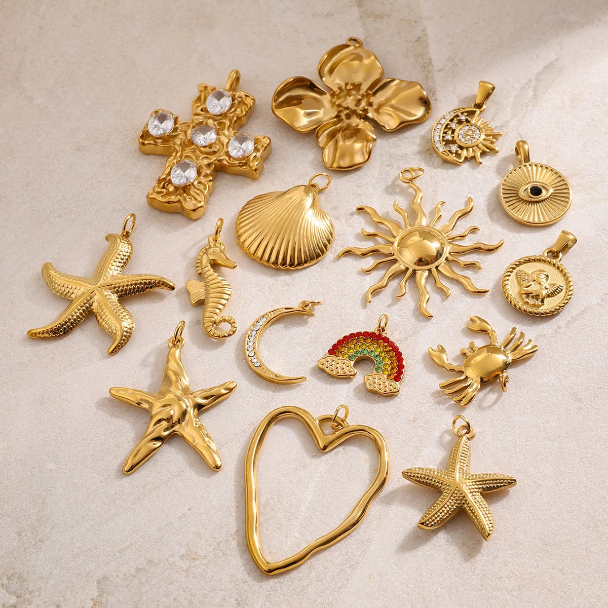 Sun Cross Ocean Waterproof 18k Gold Plated Stainless Steel Necklaces Accessories Love Heart Cross Zircon Diy Pendant Charms