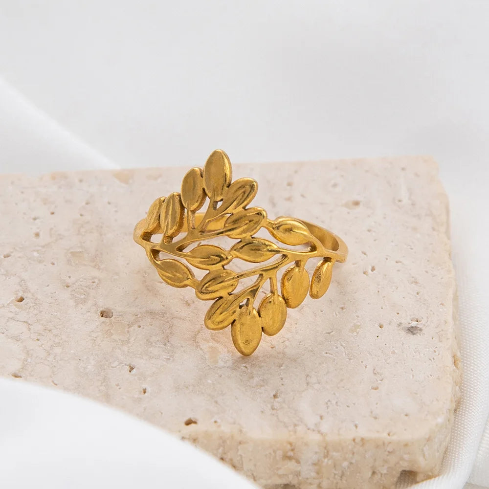 SUMMLY Trendy Wholesale Nature Olive Branch 18K Gold Plating Stainless Steel Rings for Woman Fashion Jewelry