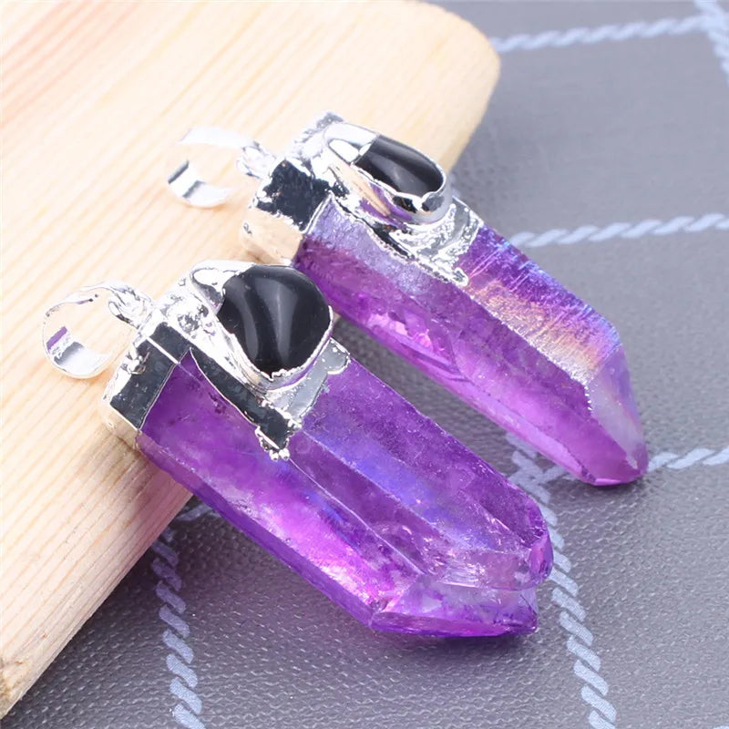Rainbow Natural Titanium Coated Raw Crystal Hexagonal Point Necklace Pendant Healing Reiki Jewelry