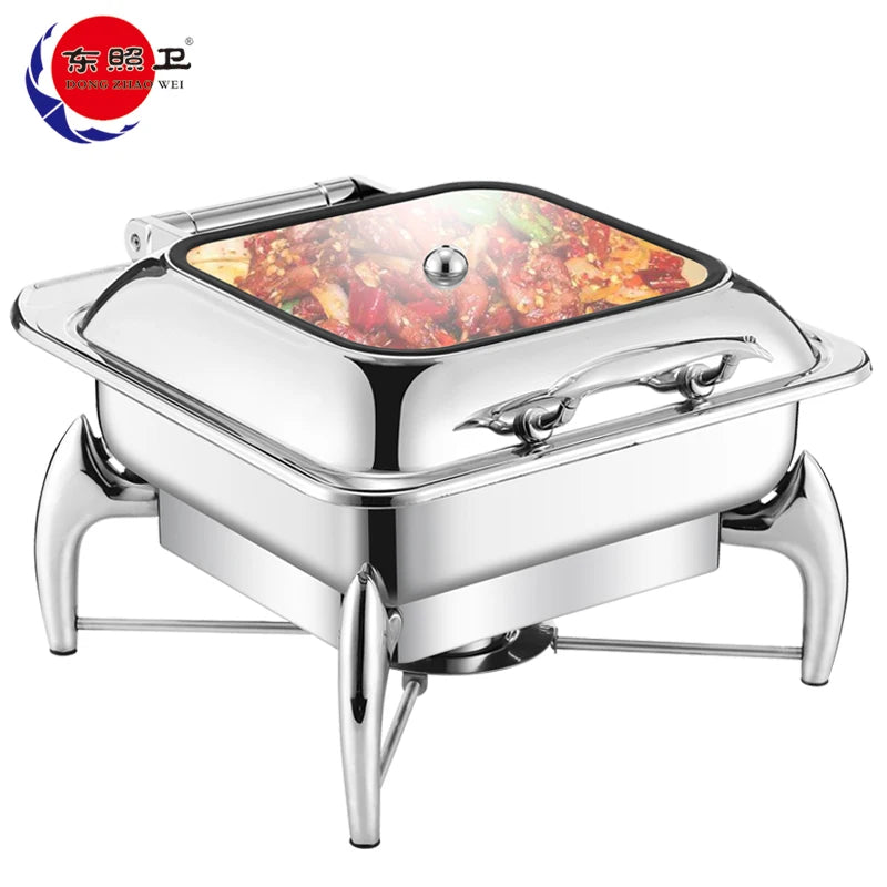 Hotel Restaurant Buffet Server Supplies Glass Stainless Steel 201 Square Silver Flip Top Chafing Dish 6L Capacity