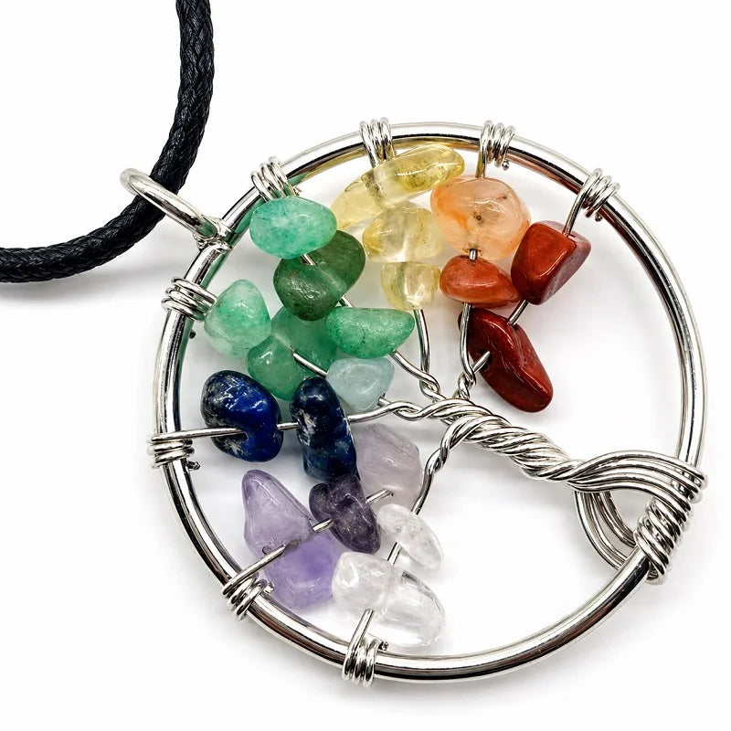 3cm Handmade Colorful Gemstone 7 Chakra Turquoise Tree of Life Pendant Natural Csytal Charm Necklace