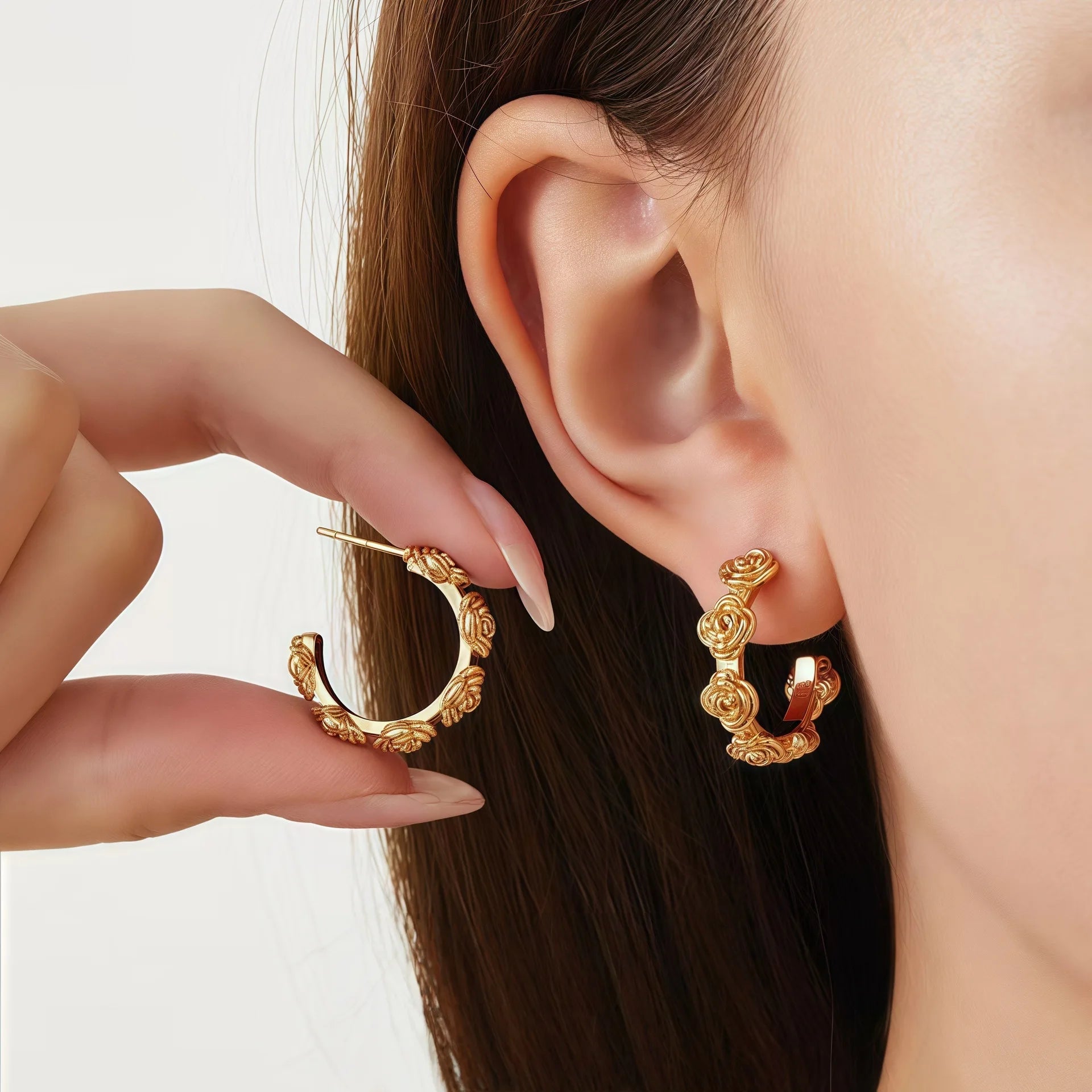 Maiou Waterproof Stainless Steel Trendy Vintage 18K Gold Plated Rose Flower Hoop Earrings for Women