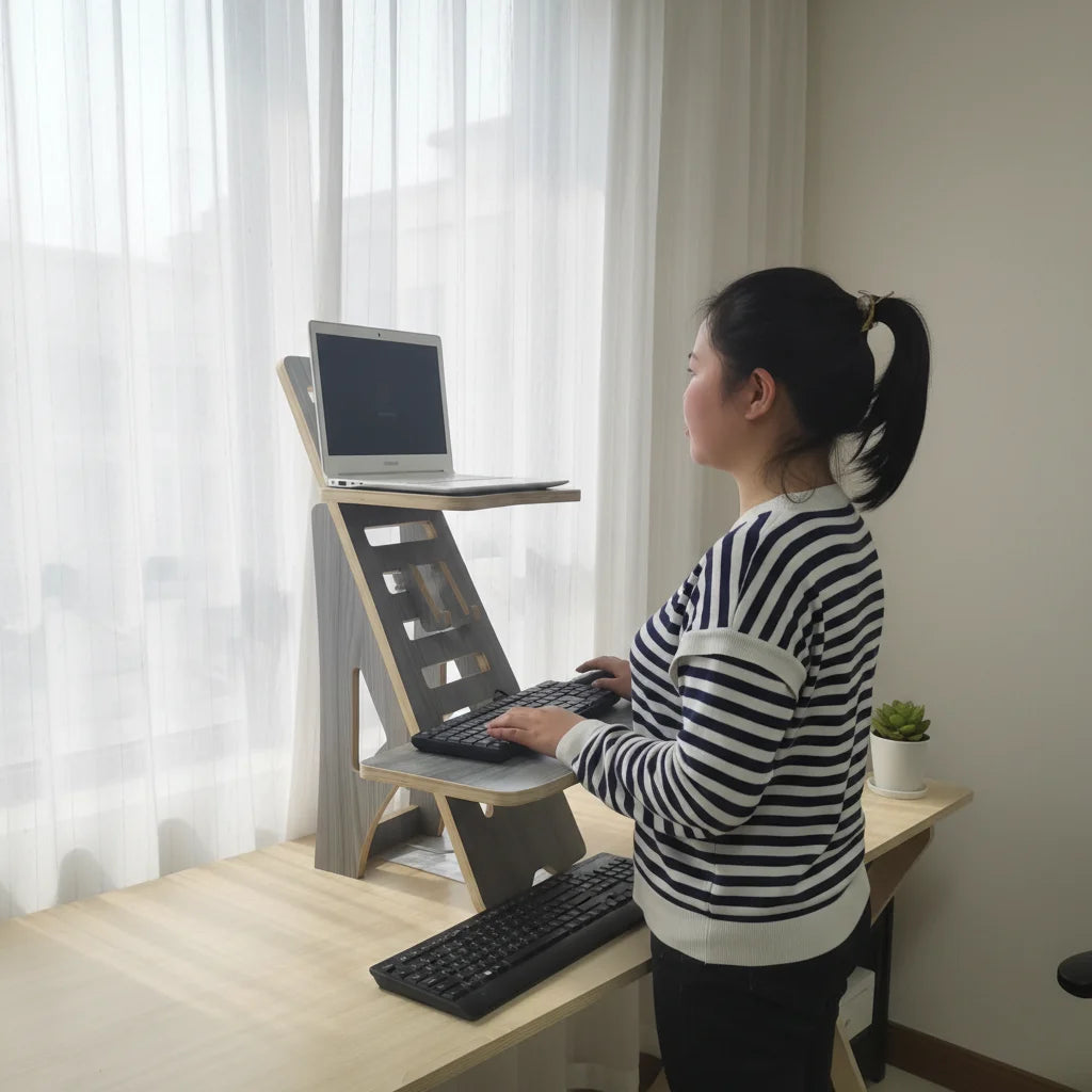 Adjustable Height Portable Office Furniture Foldable and Extendable Convertible Wood Standing Desk Plywood Sit to Stand Desk OEM
