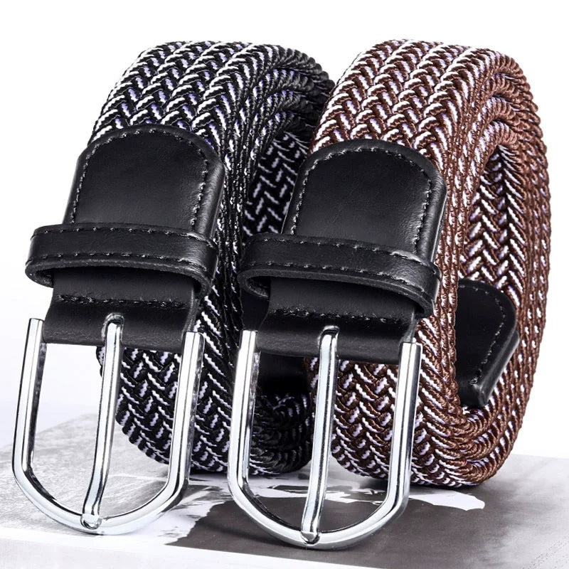 Fashion Casual Custom Two Tone Contrasting Unisex Design Adjustable Alloy Buckle Belt Without Hole Braid Stretch Elastic Logo