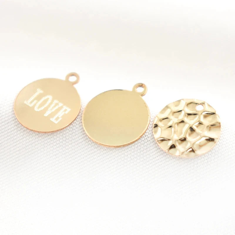 14K Real Gold Filled Circle Tags With Single Loop Plain Hammered Logo Engraved Round Filigree DIY Charm Pendant Jewelry Findings