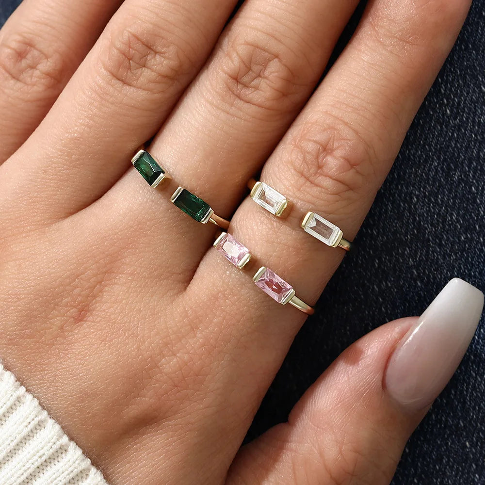 Daidan Rings Silver 925 Gold Plated Elegant  Open Rectangular Baguette Zircon Ring