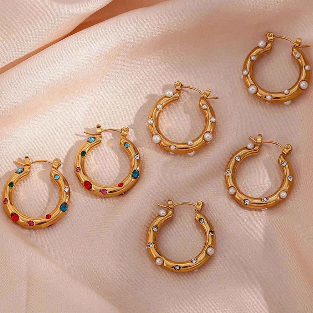 Fashion Trendy 18K Gold Plated Earrings Colorful Zircon Pearl Earrings Stainless Steel C Shape Hoop Earrings for Women