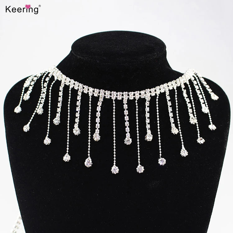 Keering WNLC-138 Crystal Flickering Tassel Rhinestone Fringe Trim Wedding Sew Clothing Boots Shoes Bags Decoration Glass Motif