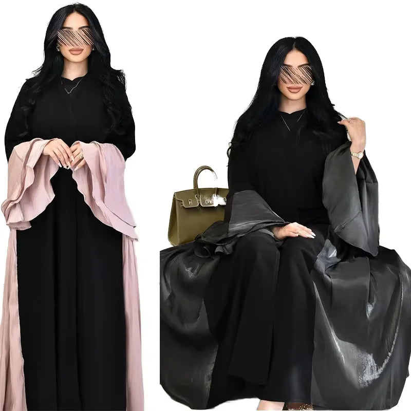 2025 Elegant Black Abaya for Women Modest Middle Eastern Dress with Bright Silk Satin Ruffled Sleeves Muslim Cardigan for Summer