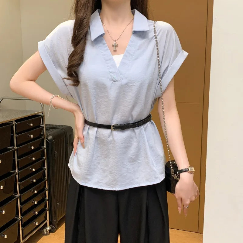 Solid Women Blouse Short Sleeve Elegant Fashion V-neck Office Blouse Lady Buttons Top 15929#