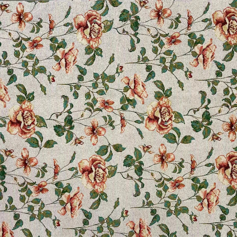 Pink Beige and Green Yarn Dyed Breathable Velour Jacquard Floral Tapestry Upholstery Fabric by the Yard