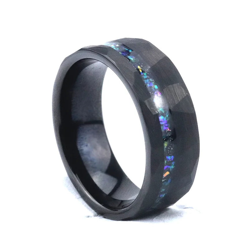 Poya 8mm Mens Colorful Opla Offest Inlay Hammered Black Tungsten Ring for Wedding