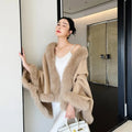 Women Luxury Windproof Cloak Warm Poncho Fox Fur Trimmed Double Sided Wool Blend Cape