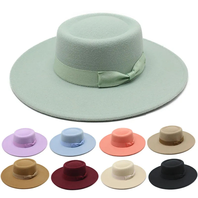8.5cm Fashion Trend Unisex Women Ladies Autumn Winter Black Boater Fedora Wide Brim Hat for Boutique