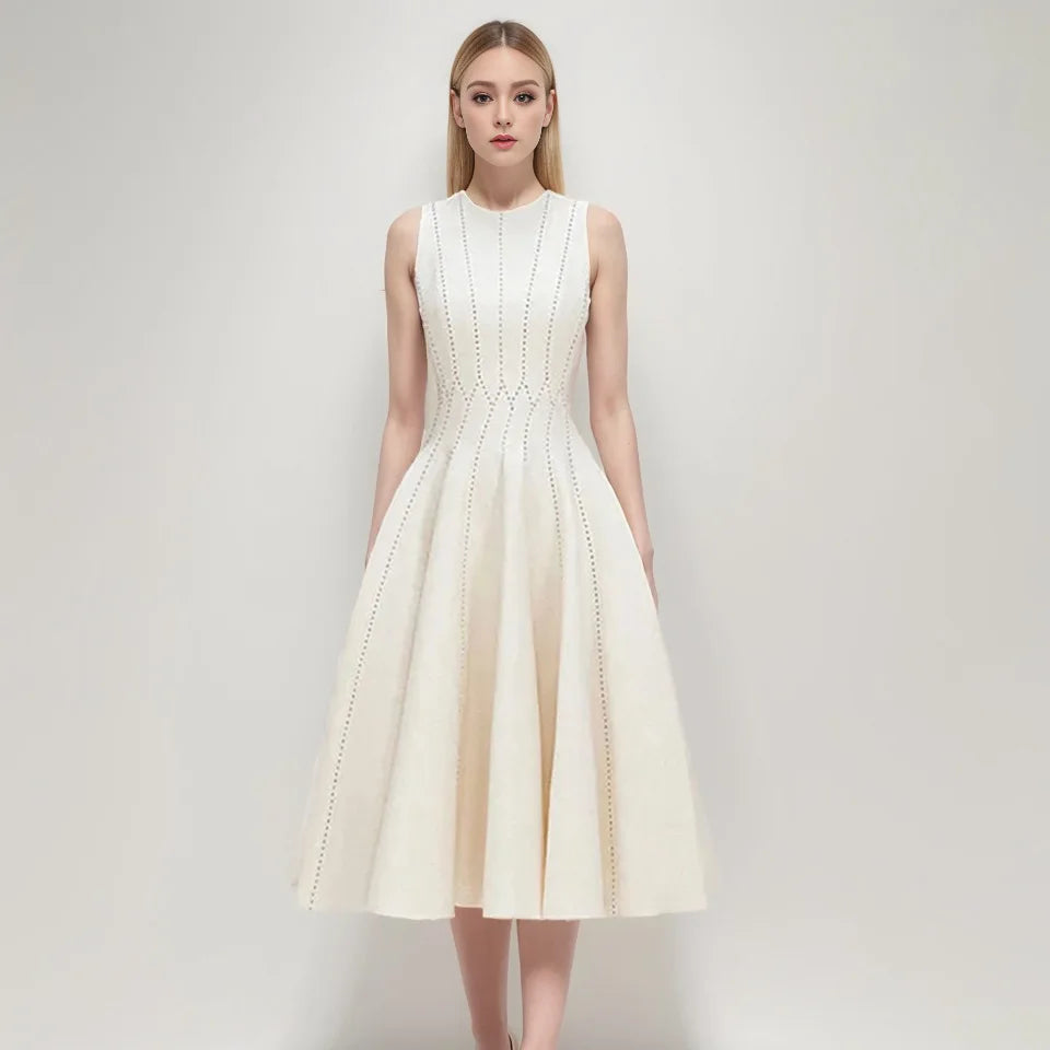 Vietnamese Niche Designer's Elegant Summer Sleeveless A-Line Dress Women Chiffon Ming Line Decorative Waisted Style New Arrival