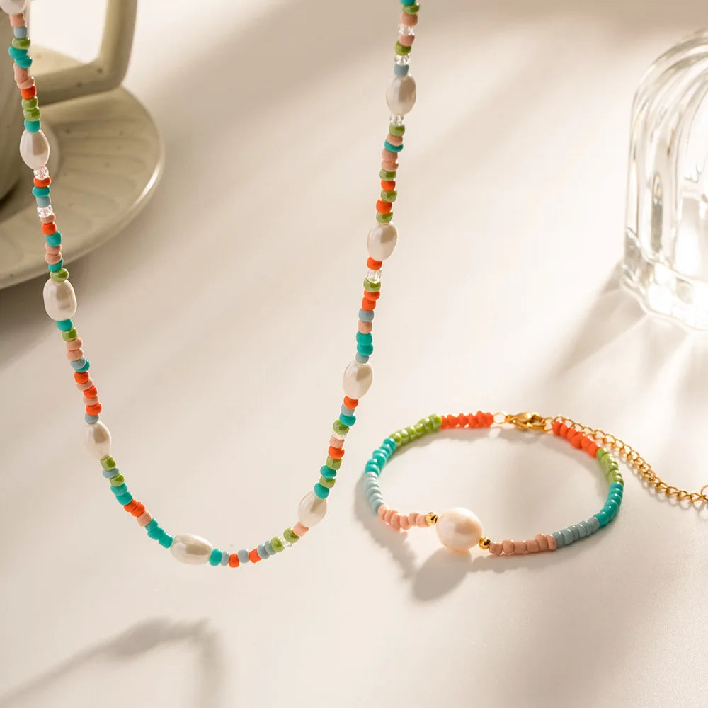 Wholesale Stainless Steel Set Jewelry PVD Gold Plated Handmade Candy Color Boho Jewelry Sets Trendy Freshwater Pearl Jewelry