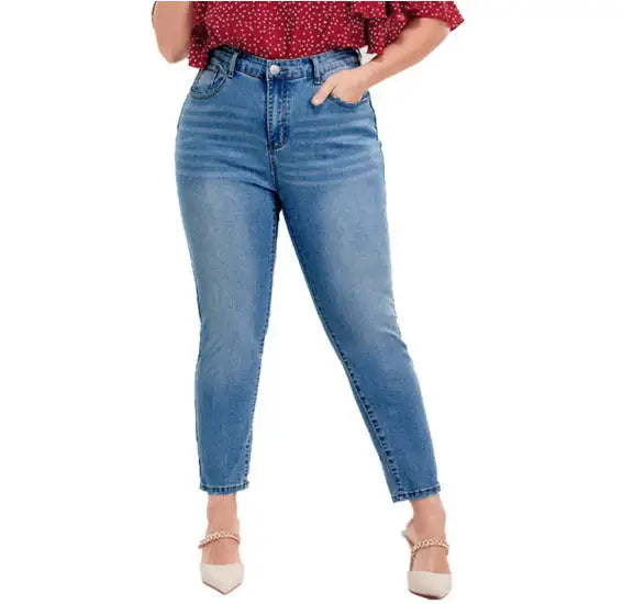 Women's Plus Size Light Blue Wash-Out Skinny Pencil Jeans High Waist Full Length Elegant Classic Stretchy Casual Summer Style
